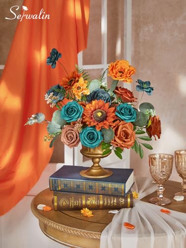 Serwalin Artificial Burnt Orange & Teal Flowers, Orange Silk Fake Flowers, Autumn Faux Sunflowers for Wedding Bouquet, Table Centerpieces, Home Decor - color: A Burnt Sunflower Orange & Teal, size: Square