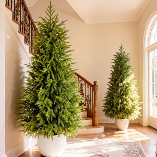 5FT Lighted Topiary Trees Artificial Outdoor Set of 2, UV-Resistant Artificial Outdoor Trees, Tall Pre Lit Faux Evergreen Topiary Trees with Planters for Front Porch Entryway Patio Decor