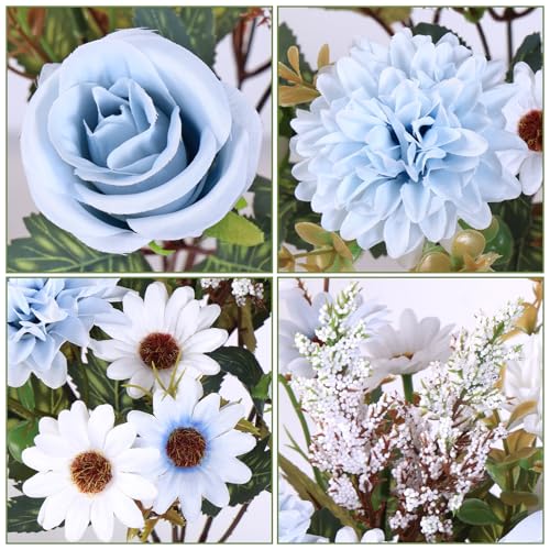 Dremisland Artificial Flowers 2 Packs Mixed Blue & White Silk Artificial Roses Bouquet with Daisy Chrysanthemum Fake Blue Flowers Bouquet for Vase Centerpiece Table Wedding Party Home Decor - color: Blue White, size: 2PCS