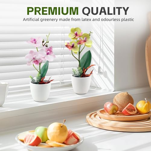 2Pcs Artificial Flowers Orchid Fake Phalaenopsis Small Potted Plant Ceramic Vase for Table Centerpiece Home Office Bathroom Wedding Decor(Pink & Yellow) - color: Pink & Yellow