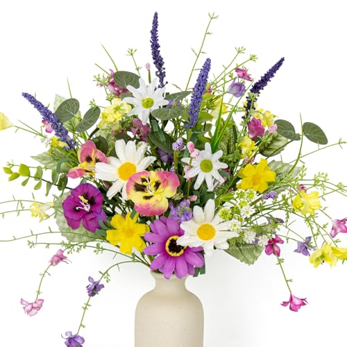 Artificial Spring Flowers 4 Pack Spring Flower Stems 17 Inch Floral Picks with Colorful Daisies Butterfly Orchids Lavender for Centerpieces Vases Floral Arrangements Summer Easter