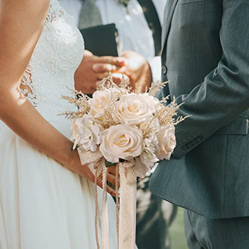 LEIFENY Artificial Plant, 1 Champagne White Rose Bridal Bouquet, 8.6 x 10.2 x 8.6 inches, Wedding Bouquets for Bride, Bridesmaid Bouquets with Silk Ribbon, Decoration - color: Champagne White