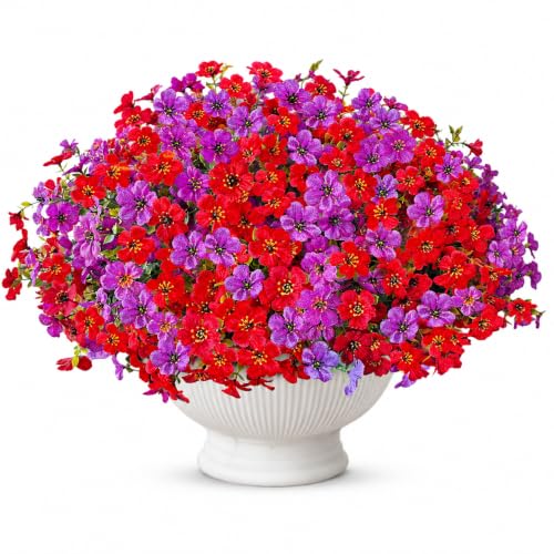 Artificial Flowers for Outdoors UV Resistant, 12 Bundles Realistic Faux Daisy with Eucalyptus Leaves Fake Plants for Porch Patio Planter Garden Decoration (Red Light Purple) - color: Red Light Purple