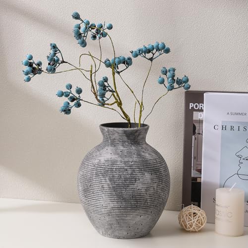Ceramic Flower Vase Home Decor, 7.4 in Farmhouse Table Vases Retro Vintage Living Room Kitchen Bedroom Decoration Pottery Decorative Vases for Flowers House Shelf Office Desk Dining Entryway, Grey - color: 7.4 in - Grey