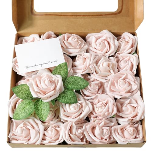 Artificial Flowers 25 Pack Pink Faux Foam Roses with Stems, Real Looking Fake Rose for DIY Wedding Bouquets, Bridal Shower Centerpieces, Party Table Decorations, Home Decor - color: Pink, size: 25Pcs