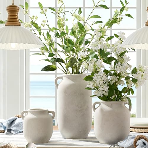 Ceramic Flower Vase Home Decor - 7.6 Inch Farmhouse Rustic White Table Vases with Handle Living Room Decoration Decorative Vintage Pottery for Kitchen Shelf Coffee Dining Desk Bookshelf Fireplace - color: A-7.6" Rustic