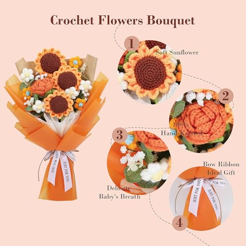 Crochet Flower Bouquet, Handmade Knitted Sunflower Faux Crochet Flowers for Home Decor Valentine’s Day Anniversary Weddings Birthdays Mother’s Day, Includes Gift Bag and Greeting Card (Sunflower) - color: Orange