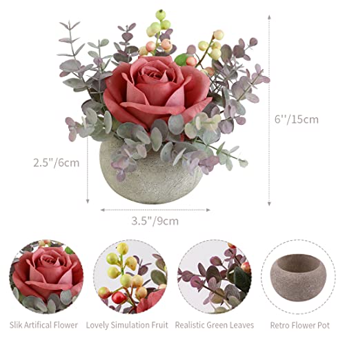 Small Artificial Pink Rose Potted Plant, 6" Fake Silk Flowers in 3.5" Round Pot, Mini Faux Floral Arrangement for Desk Shelf Bathroom Decor - color: Pink