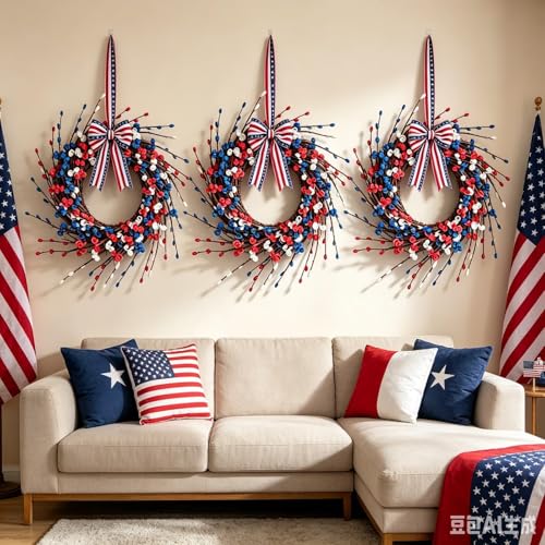 6 Pcs Patriotic Wreath Mini 4th of July Hanging Wreaths for Cabinets Artificial Red White Blue Berries Memorial Day Wreaths Pillar Candle Holder Wreath with Ribbon for Independence Day Porch Wall - color: Patriotic-15