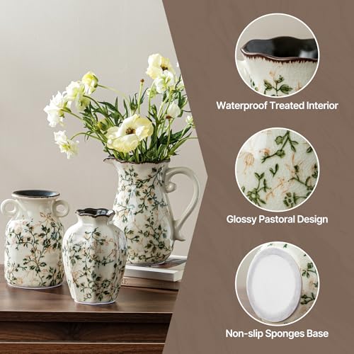 Ceramic Flower Vases Set of 3 | Green Rustic Farmhouse Vase Set for Home Decor, Vintage Floral Decorative Vase for Living Room & Kitchen, Mantel & Bookshelf, Centerpieces, Entryway(5.7+5.9+7.1Inch) - color: 06-green and Beige-set of Three