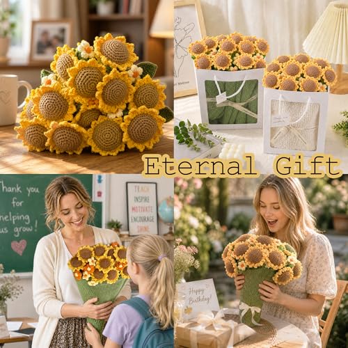Crochet Flower Bouquet Throw Blanket, Cute Romantic Gift for Her Girlfriend Mom Mother’s Day Valentine Wedding Anniversary Birthday (Green Sunflower, 40 inches) - color: Green Sunflower, size: 40 inches