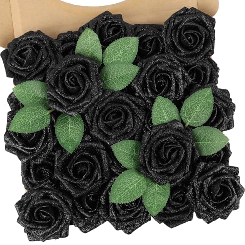 N&T NIETING Artificial Flowers Black Glitter Flowers Foam 25pcs Glitter Roses Real Touch Fake Roses with Stem for DIY Wedding Bouquets Centerpieces Bridal Shower Party Halloween Home Decorations - color: Glitter Black, size: 25pcs