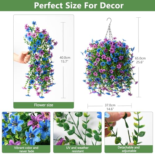 INQCMY Artificial Faux Hanging Flowers Plants Basket for Outdoor Outside Spring Decoration,UV Resistant Fake Silk Daisy in Planter Resistant Look Real for Home Porch Balcony Patio Yard Decor - color: Purple Blue
