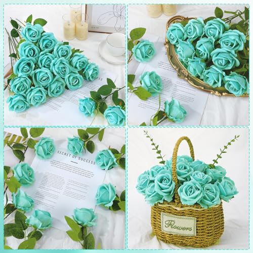 36 Pcs Velvet Texture Turquoise Artificial Flowers Bridal Bouquet, Fake Rose Long Stem Realistic Flowers Bulk for Valentine's Day Wedding Bouquet Ball Arrangement Centerpiece Party Home Decor - color: Turquoise