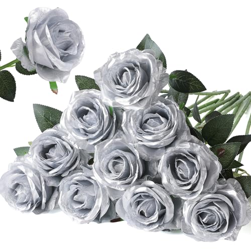Nubry Artificial Silk Rose Flower Bouquet Lifelike Fake Rose for Wedding Home Party Decoration Event Gift 10pcs (Silver) - color: Silver