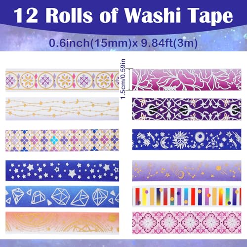 12 Rolls Galaxy Washi Tape Set Purple Stars Decorative Tapes Silver Gold Foil Masking Tape for Scrapbook Bullet Journal Planner DIY Art Craft Party Decor Gifts Wrapping - color: U