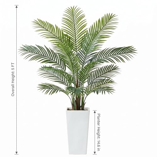 5FT Artificial Palm Tree in Tall White Planter, Realistic Faux Tropical Plant with UV-Resistant Leaves, Maintenance-Free Indoor Outdoor Palm Trees Floor Plant for Patio Home Office Porch Decor