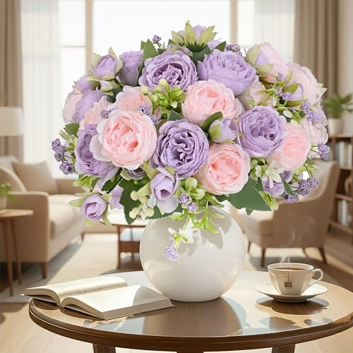 12 Bundles Peonies Artificial Flowers Bouquet, Lifelike Silk Fake Peonies with Stems for Home Table Centerpieces, Wedding, Party & DIY Bridal Floral Arrangements（Light Purple） - color: Light Purple