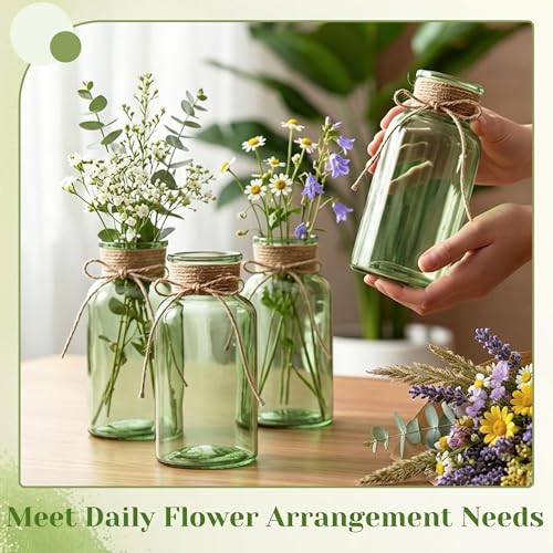 Glass Flower Vases for Centerpieces Boho Cylinder Bud Vases in Bulk Mason Jars for Weddings, Parties & Vintage Home Farmhouse (6, Green) - color: Green
