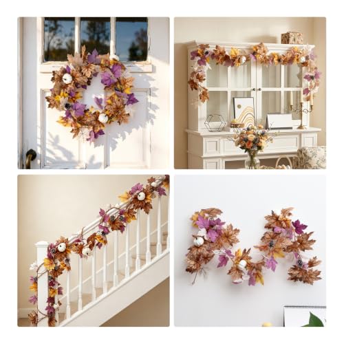 MAKHOT 5.2Ft Artificial Maple Leaves Garland Pumpkin and Pine Cones Decor | Autumn Winter Eucalyptus Vines for Table Home Wedding Mantle Party Fireplace Decor - color: Purple Maple-1pcs
