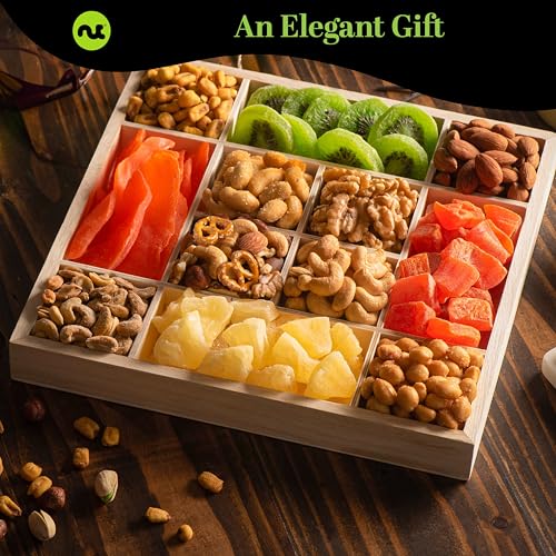 NUT CRAVINGS - Dried Fruit & Mixed Nuts Gift Basket in Reusable Wooden Tray + Ribbon (12 Assortments) Food Arrangement, Healthy Snack Care Package, Kosher - style: 6. Green Ribbon Dried Fruits & Nuts Wooden Tray