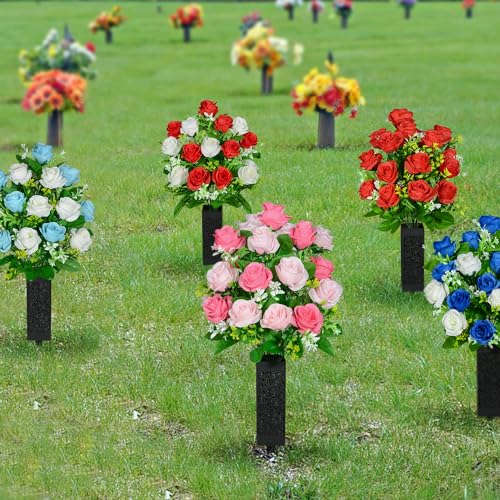 Artificial Cemetery Flowers, Set of 2 Grave Memorial Flowers with Vase, Artificial Rose Bouquet for Cemetery Headstones Gravesites Decoration (Pink) - color: Pink