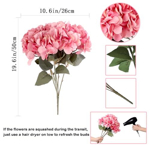 2Bouquets Artificial Fake Flowers Silk Hydrangea Arrangements Wedding Bouquets Decorations Plastic Floral Home Kitchen Garden Party Festival Bar DIY(Dark Pink) - color: Dark Pink,5flower Heads
