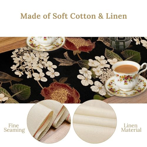 Floral Table Runner, Retro Birds Peonies Hydrangeas Oriental Style Table Decoration for Kitchen Dining Indoor Outdoor Home Party Restaurant Supplies 13x36in - color: Flower-4, size: 13x36in
