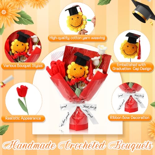 2026 Graduation Crochet Flowers Bouquet Gifts Class of 2026 Graduation Gift for Her Sunflower Mortarboard with Greeting Cards Bag Handmade Knitted Artificial Flowers for Grad(Red) - color: Red