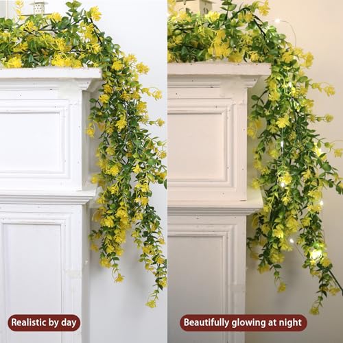 RECUTMS 3 Pcs Green Garland with Lights Fern Hanging Light Fake Hanging Vines Spring Garland with Lights Green Leaf Vines for Spring Home Wall Mantel Party Wedding Fireplace Decoration(Yellow) - color: Yellow With Lights