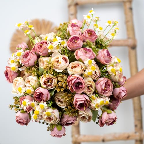 5 Pcs Fake Flowers in Vase Artificial Flower Arrangement Faux Peony Flowers for Wall Decoration Party Home Centerpiece Decor (Mixed Pink) - color: Mixed Pink