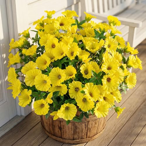 Yellow Artificial Morning Glory Flowers for Outdoor Planters, Premium UV Resistant Silk Faux Flowers for Porch, Hanging Basket & Window Box, Spring Garden Decor, No Pot, 13.3 Inch, 8 Bundles - color: Yellow 8pcs
