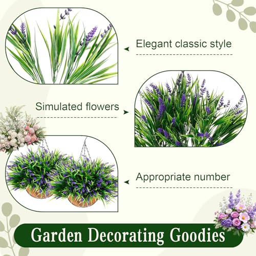 Hotop 2 Pack Outdoor Artificial Lavender Hanging Plants with Basket 16 Bundles UV Resistant Lavender in Coconut Liner Pot Spring Flowers Decor for Porch Patio Home Garden Decor(Purple) - color: Purple