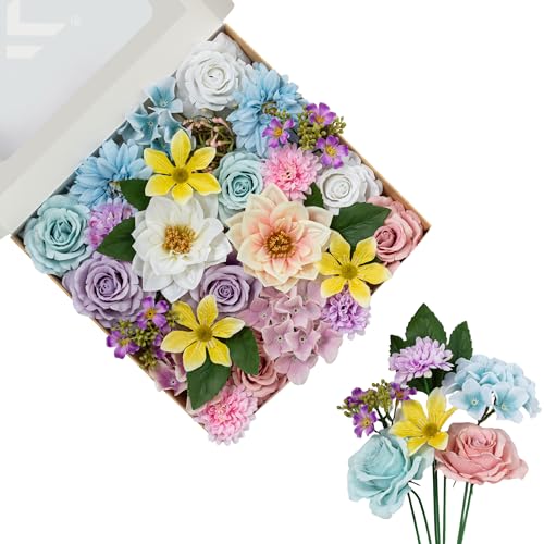 FANKO Artificial Flowers for DIY, Purple Blue Pink Yellow Faux Flowers Bouquet, Fake Rose Daisy Lily Hydrangea Silk Flowers for Vase, Home Decor, Garland, Wedding, Birthday, Party, Romantic Accents - color: Cream Pink Blue