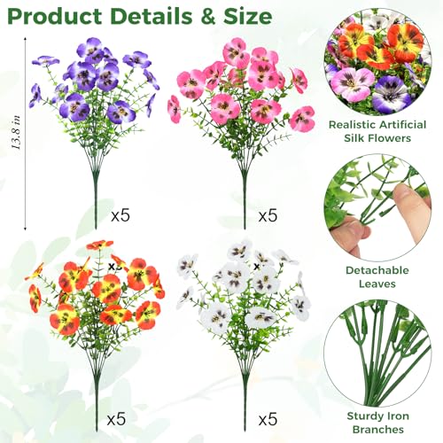 Ouddy Decor 20 Bundles Artificial Pansy Flowers for Outdoors, Fake Silk Flowers Faux Plants UV Resistant for Vase Table Planter Porch Yard Garden Indoor Outdoor Home Decor, Multicolor - color: Purple Pink Orange White