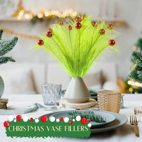 12 Pcs Lime Green Picks Whimsical Christmas Tree Toppers 17'' Double Head Artificial Curly Green Pampas Grass Stems with Red Ball Xmas Ornaments for Christmas Tree Decor Vase Fillers Wreath Crafts