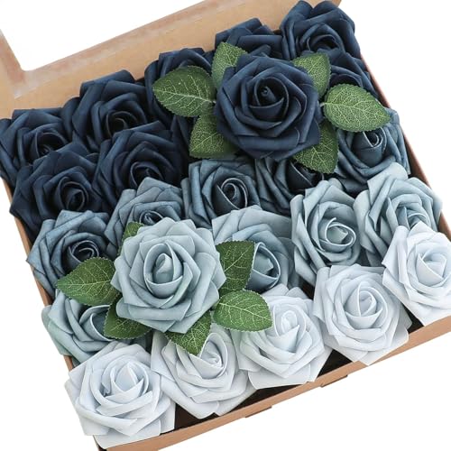 Artificial Flowers Roses with Stems for DIY Wedding Christmas Tree Bouquet Baby Shower Centerpiece Floral Arrangement Party Home Decor Mothers Day Decorations (Gradient Color Blue, 25 Pieces) - color: Gradient Color Blue, size: 25