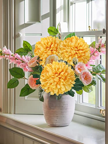 Briful Artificial Chrysanthemums Ball Flowers 6’’ Large Heads Mums Stems Autumn Yellow Fake Hydrangea Flowers Bouquet for Home Garden Party Wedding Decoration, Set of 4 - color: Yellow