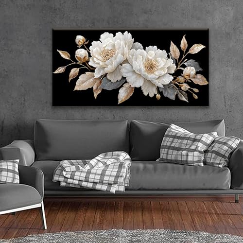 Modern Wall Art Decor Elegant White Flower Picture Artwork Home Wall Decor Canvas Wall Art For Living Room Bedroom Office Kitchen Ready To Hang 24x48 Inch Canvas Prints - color: White Black Gold, size: 48"L x 24"W
