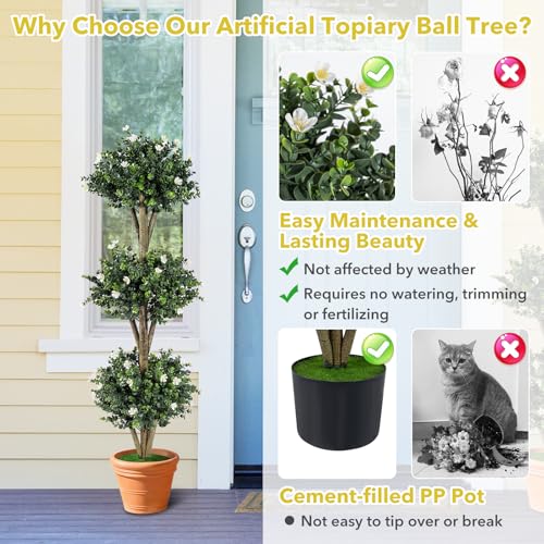 Goplus 51" Artificial Triple Ball Boxwood Topiary Tree, Faux Bush Plant with 59 Blossoms, Cement-Filled Plastic Pot, Sun-Resistant Indoor Outdoor Fake Greenery for Porch Home Decoration Housewarming - color: White