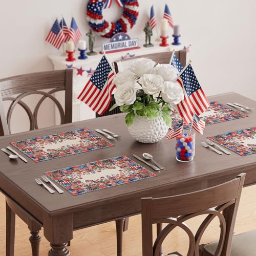 XCHI Watercolor Flowers America Stars Fireworks Memorial Day Placemats Set of 4 Table Mats 4th of July Patriotic Independence Day for Party Home Kitchen Dining Table Decorations 12x18 Inch - size: Placemats Set of 4 （12x18 Inch）