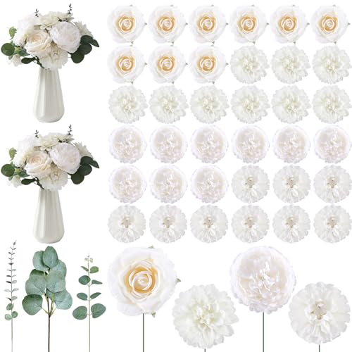Suncalla 98 Pcs Artificial Flowers Bouquet Assorted Faux Flowers Heads with Stem Eucalyptus Leaves Silk Floral Table Centerpiece for DIY Wedding Party Wreath Home Decor(White Color) - color: White Color