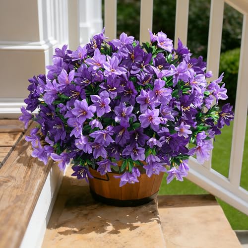 INSPRING Artificial Flowers for Outdoors Spring Decoration, 3 Bundles Faux Silk Outside Azalea Plants UV Resistant Realistic Faux Flowers for Outdoor Planters Porch Patio Garden Yard Home Decor, Mix - color: Dark Purple + Purple