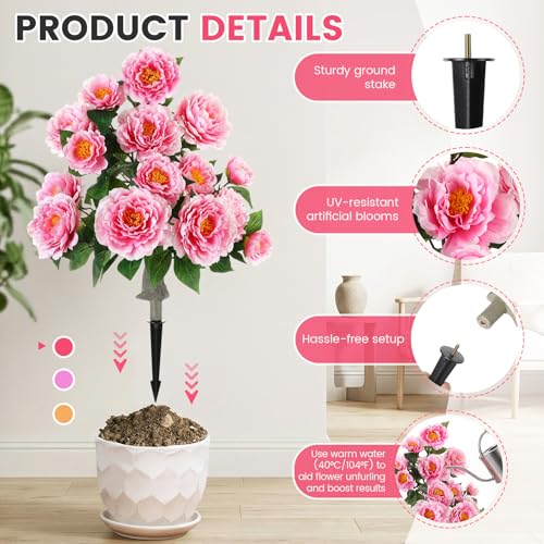 Thiccywoov 2 Pack 36" Artificial Peonies Flowers for Outdoor, 3 Ft Faux Outdoor Plants with Spike UV Resistant Realistic Fake Floral Bush for Indoor Front Door Porch Backyard(Pink) - color: Pink