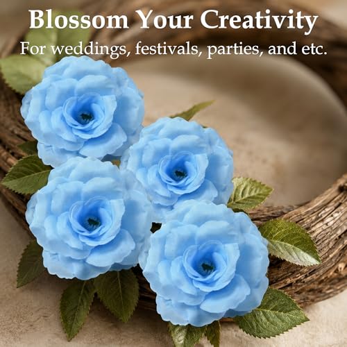 Rose Artificial Flowers, 50Pcs White Roses Head Flowers Bulk with Stem, 3 Inches Silk Rose Fake Flower Head for Wedding Party Home Decor DIY Baby Shower Centerpieces Tables Decoration (Light Blue) - color: Light Blue