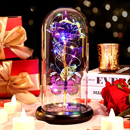 Mothers Day Birthday Gift for Mom from Daughter Son Purple Rose Eternal Flower Light Up Rose in Glass Dome with Butterfly, Mother's Flowers Gifts for Mom Women Wife Grandma Delivery Prime - color: Purple a