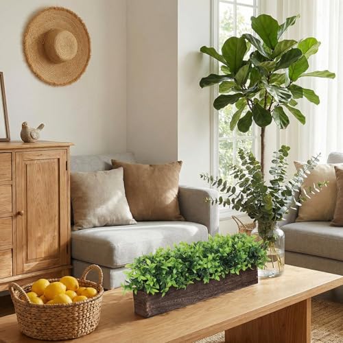 Lyrow 2 Pack 24 '' Artificial Eucalyptus Plants in Rectangular Rustic Wooden Planter Box Faux Potted Herb Plant Greenery Centerpiece for Cabinet Windowsill Table Shelf Wedding Decor (Brown) - color: Brown, size: 24 ''