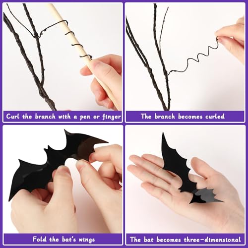 JUNEBRUSHS 8Pcs Curly Willow Branches with 36Pcs Halloween Bat Stickers | 29.5 Inch, Artificial Bendable Stems Black Branches, Halloween Wreath Home Party Decorations