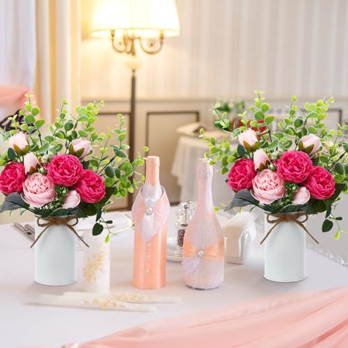 6 Sets Artificial Peonies Flowers, 6 Artificial Peony with Vase 6 Faux Eucalyptus, Faux Silk Peony Bouquet Spring Flowers for Decoration Wedding Party Home Dining (Pink) - color: Pink