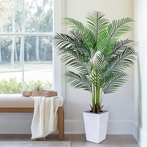 Artificial Palm Tree with White Tall Planter, 5ft Tall Potted Artificial Silk Palm Tree Plant, Fake Tropical Plant, Home Office Floor Room Decor Plants Indoor Outdoor, Housewarming Gift - size: 5ft